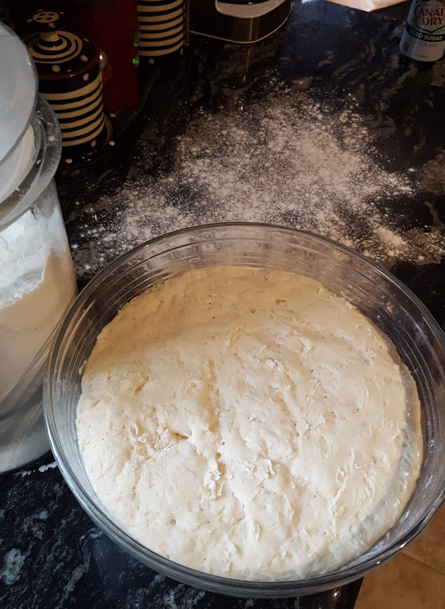 Bread dough in a bowl, before kneding.