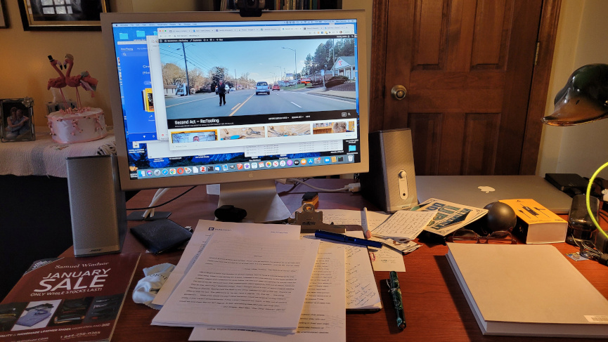 View of a cluttered desk.