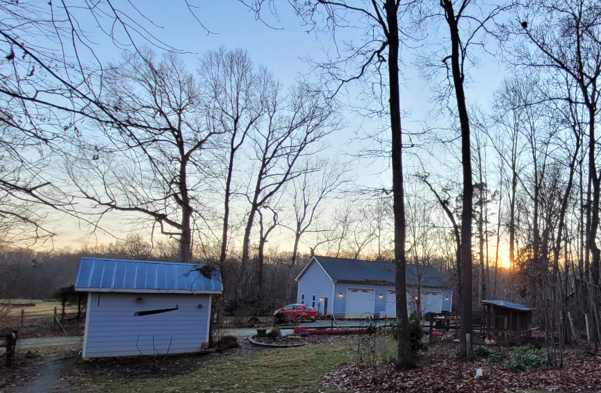 a backyard near sunset in winter