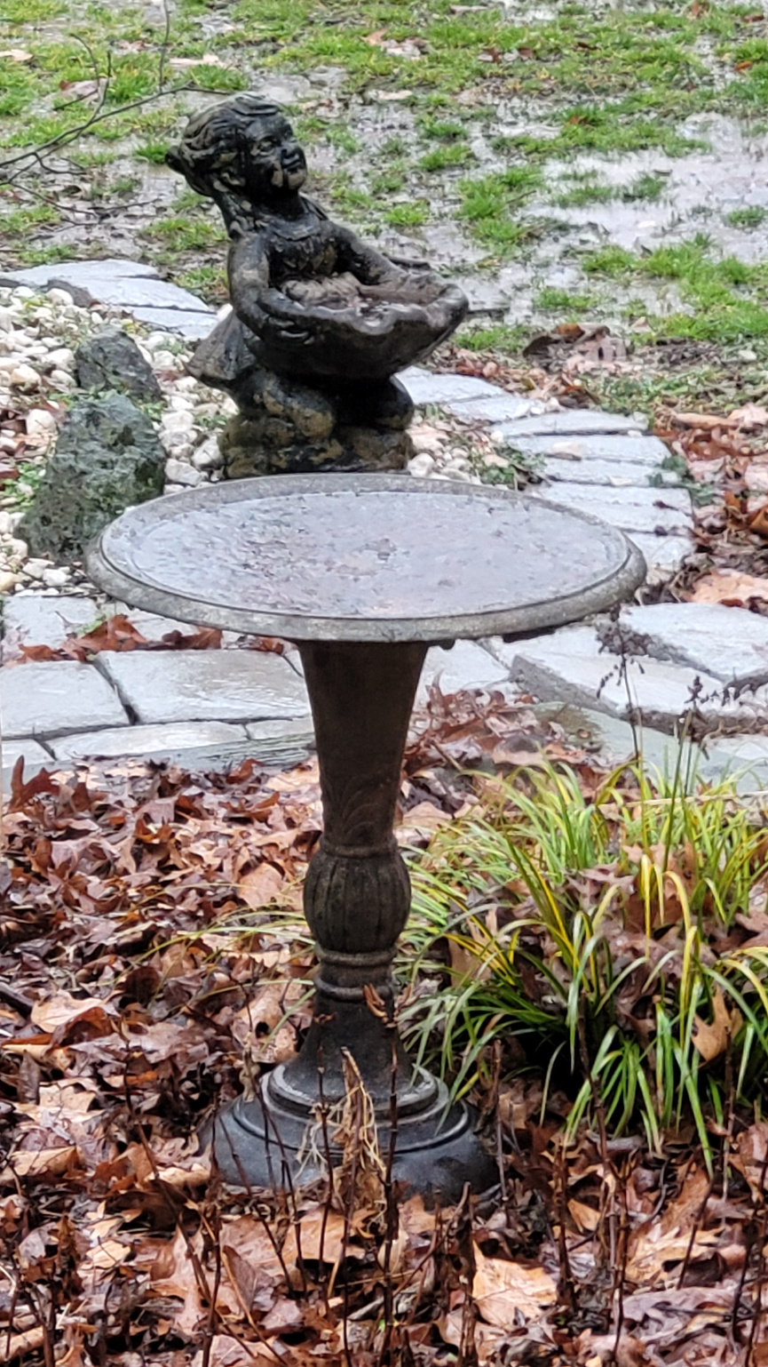 Birdbath and a statues in the wet