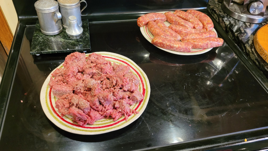 Hamburger and sausages for meatloaf